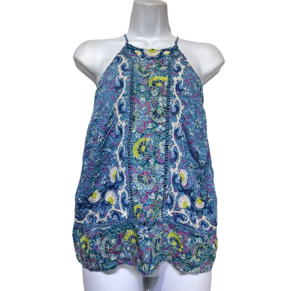 anthropologie akemi kin blue sleeveless embroidered tank top Womens Size 0